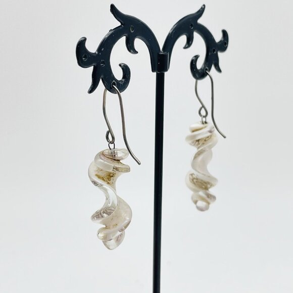 Glass Swirl Dangle Earrings Pink Rose Motif Pierced Retro Boho Romantic - Picture 7 of 8